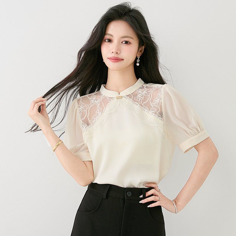 봄 여름 여성 스탠드카라 레이스 반팔 블라우스 퍼프소매 단정한 페미닌 오피스룩 - 상세 이미지 3
