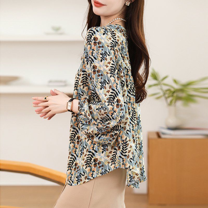 여성 봄 가을 루즈핏 플라워 긴팔 라운드넥 블라우스 3XL 빅사이즈 랜턴소매 쉬폰 티 - 상세 이미지 4