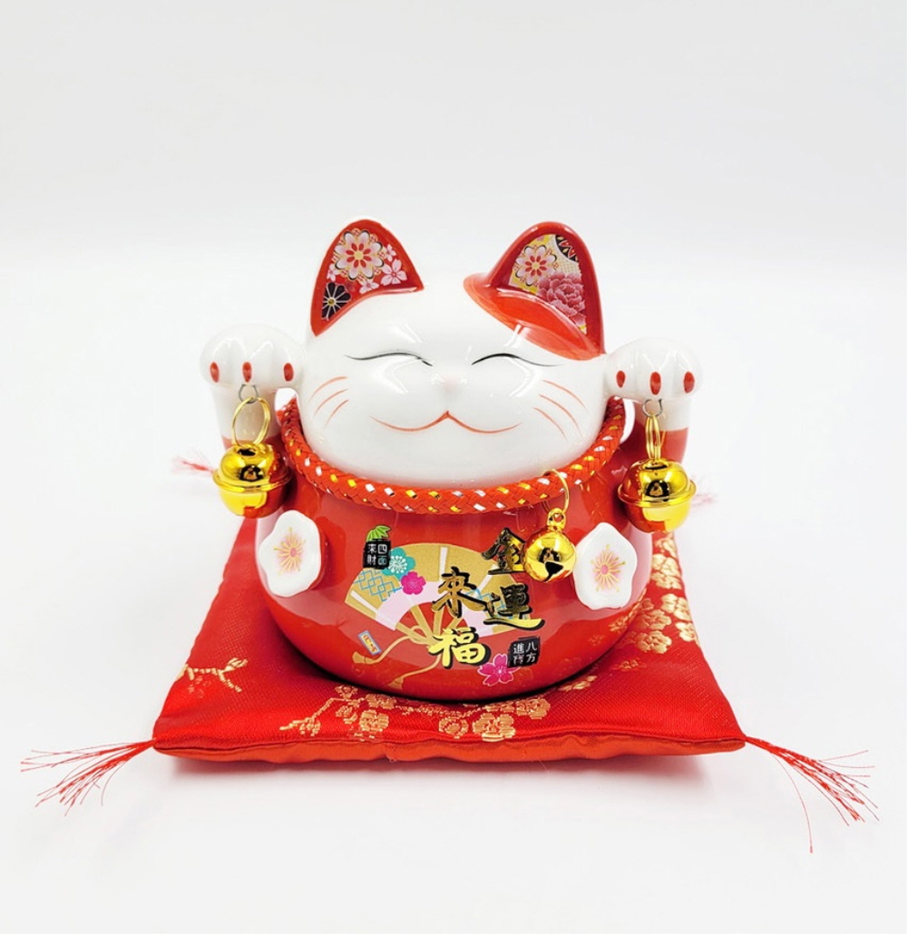 손흔드는 복고양이 (빨강) 마네킨 네코 재물 개업 선물 집들이 저금통 운고양이 일본복 - 상품 이미지