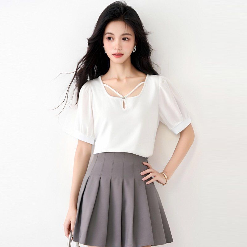 봄 여름 여성 스퀘어넥 퍼프소매 스트랩 앞트임 블라우스 데일리룩 캐주얼 기본 - 상품 이미지