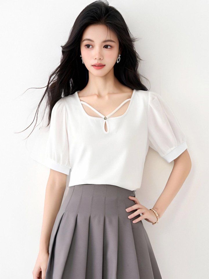 봄 여름 여성 스퀘어넥 퍼프소매 스트랩 앞트임 블라우스 데일리룩 캐주얼 기본 - 상세 이미지 3