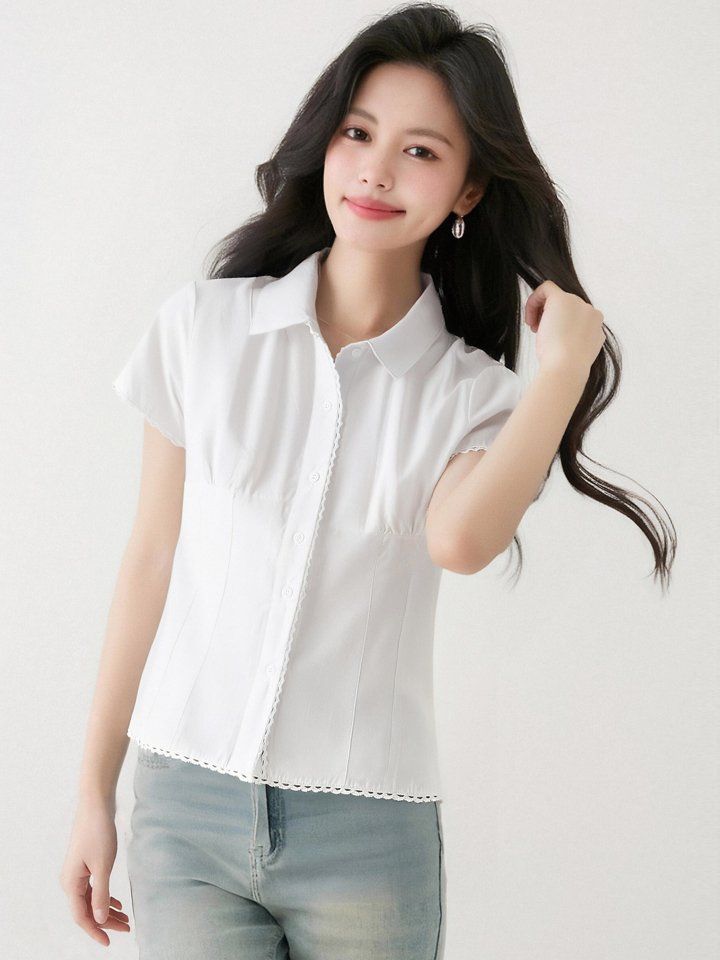여성 봄 여름 슬림핏 크롭 반팔 카라 셔츠 물결라인 데일리룩 출근룩 OL스타일 - 상세 이미지 4