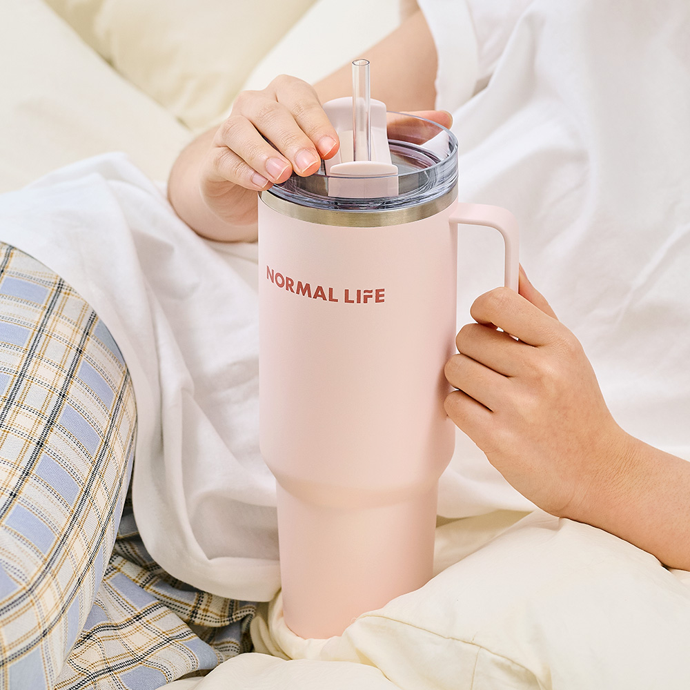 노멀라이프 템퍼락 대용량 텀블러 보온 보냉텀블러 빨대 손잡이 스텐텀블러 1.2L 핑크