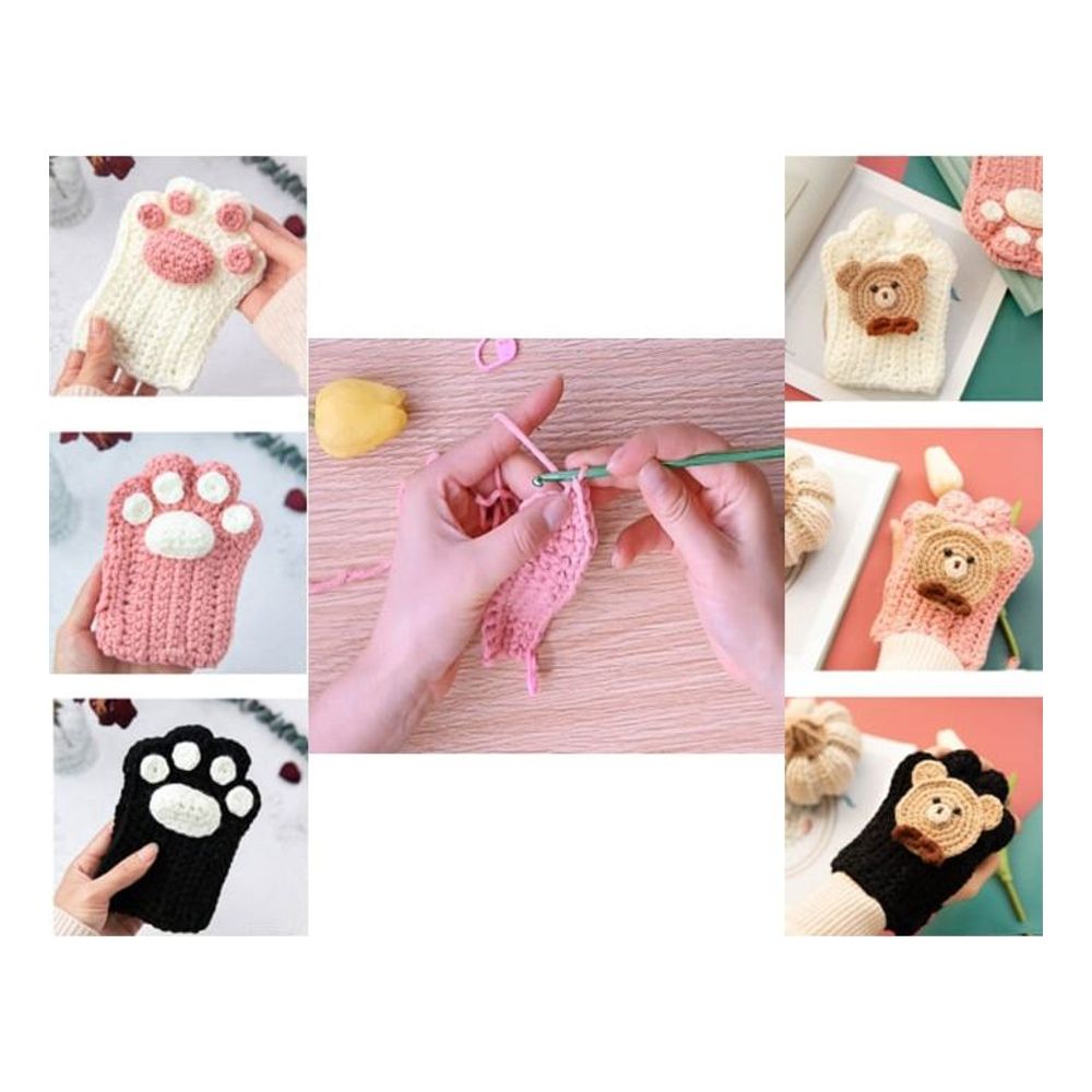 DIY 핸드 워머 장갑 키트 세트 곰돌이 발자국 손뜨개 코바늘 - 메인 이미지