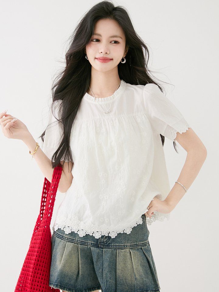 여성 봄 여름 라운드넥 프릴 반팔 자수 레이스 블라우스 2XL 출근룩 한국스타일 - 상세 이미지 5