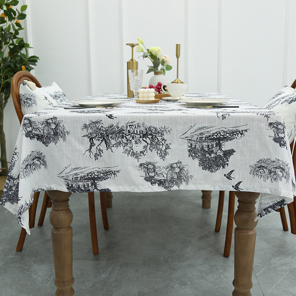 정원 풍경 린넨 식탁보 커버 (140x 100 cm) (블랙) 테이블보 매트 방수 러너