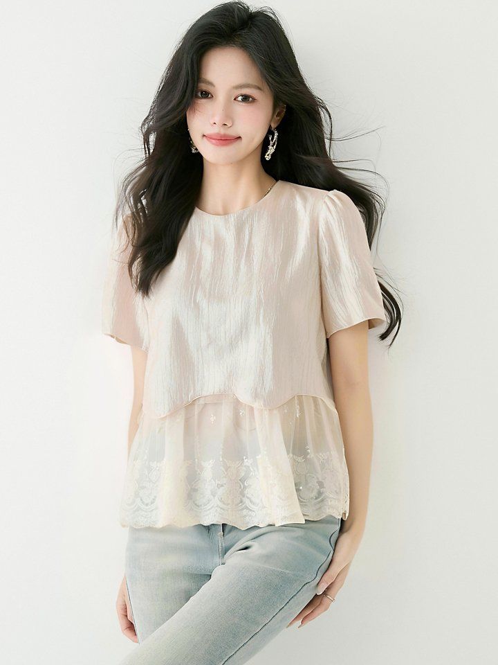 여성 봄 여름 라운드넥 반팔 레이스 쉬폰 블라우스 2XL 페미닌룩 데일리룩 데이트룩 - 상세 이미지 3