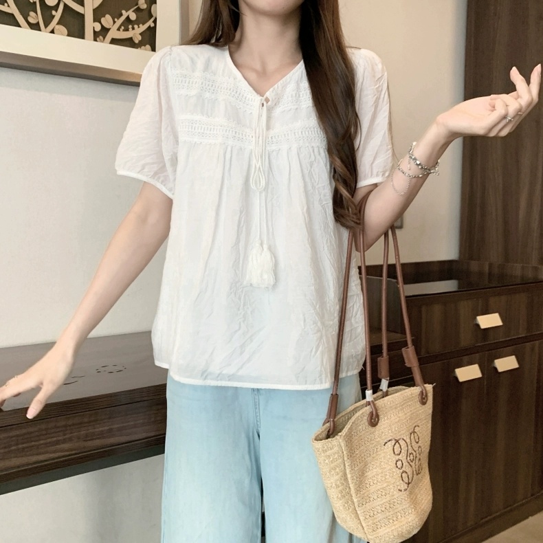 수술 아사코튼 여름반팔블라우스 캐쥬얼 시원한 펀칭블라우스 A라인 레이스소매 데일리룩 이미지 7