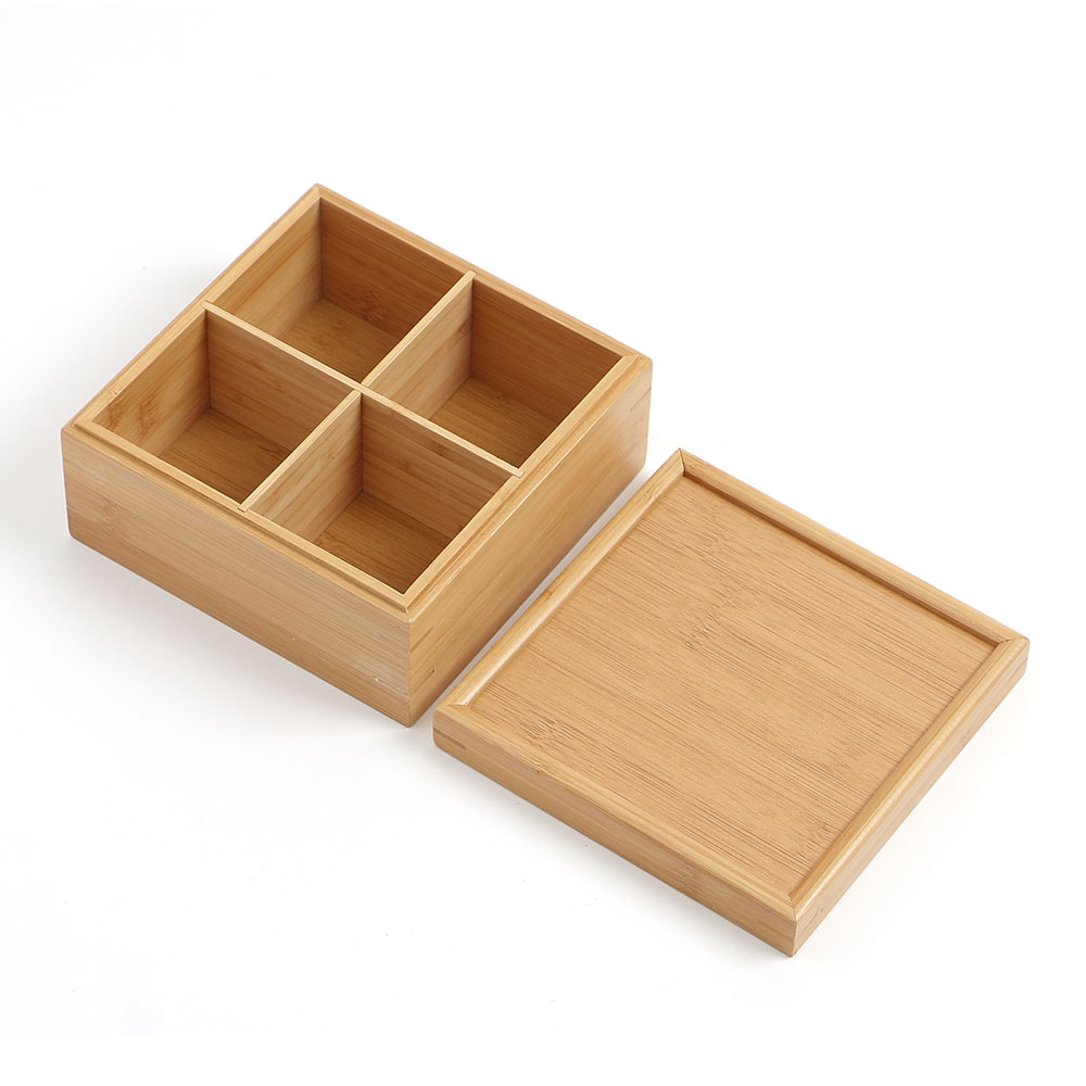 공간 박스 4칸 대나무 수납 보관함( 덮개형) 커피 티박스 DT 1311076 손잡이형