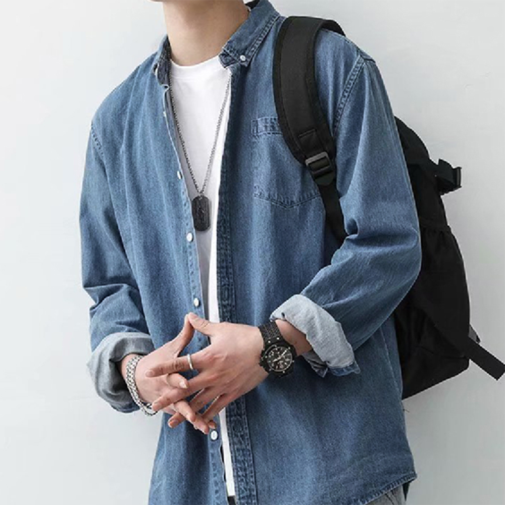 청남방 남자 남방 남성 오버핏 기본 데일리 캐쥬얼 코디 얇은 포켓 봄 가을 셔츠 데님 - 상품 이미지