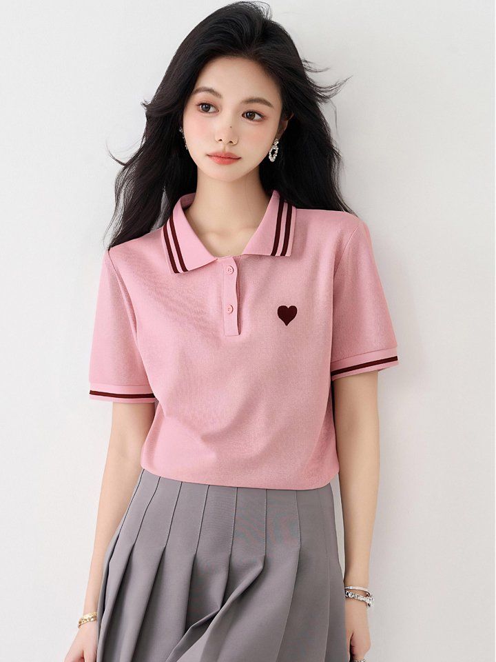 여성 봄 여름 폴로카라 반팔 티셔츠 2XL 배색라인 하트자수 출근룩 캐주얼 면티 - 상세 이미지 3