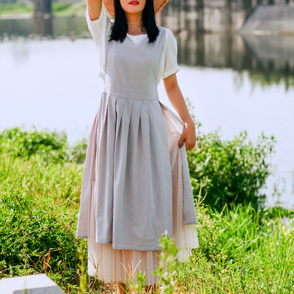 앨리스 린넨 원피스 카페 주방 앞치마( 그레이) 공방 바리스타 패브릭 애견 미용 리넨