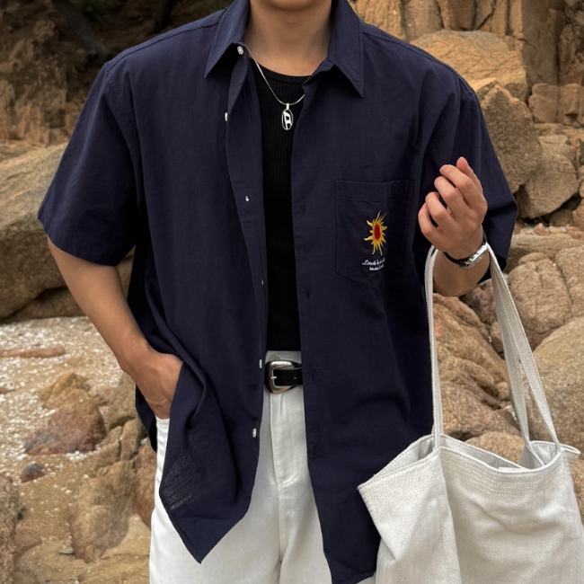 남자 수에 루즈 오버핏 여름 아이스 쿨 자수 면 린넨 셔츠 남방