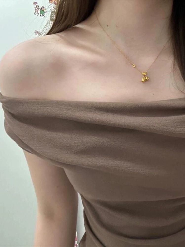 여자 반팔티셔츠 오프숄더 크롭 탑 이너 스판 셔츠 블라우스 1.갈색 - 상세 이미지 3