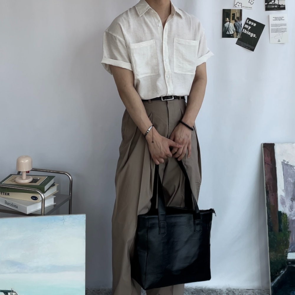 남자 린넨 셔츠 빅사이즈 오버핏 남방 셔츠 여름 블랙 - 상세 이미지 3