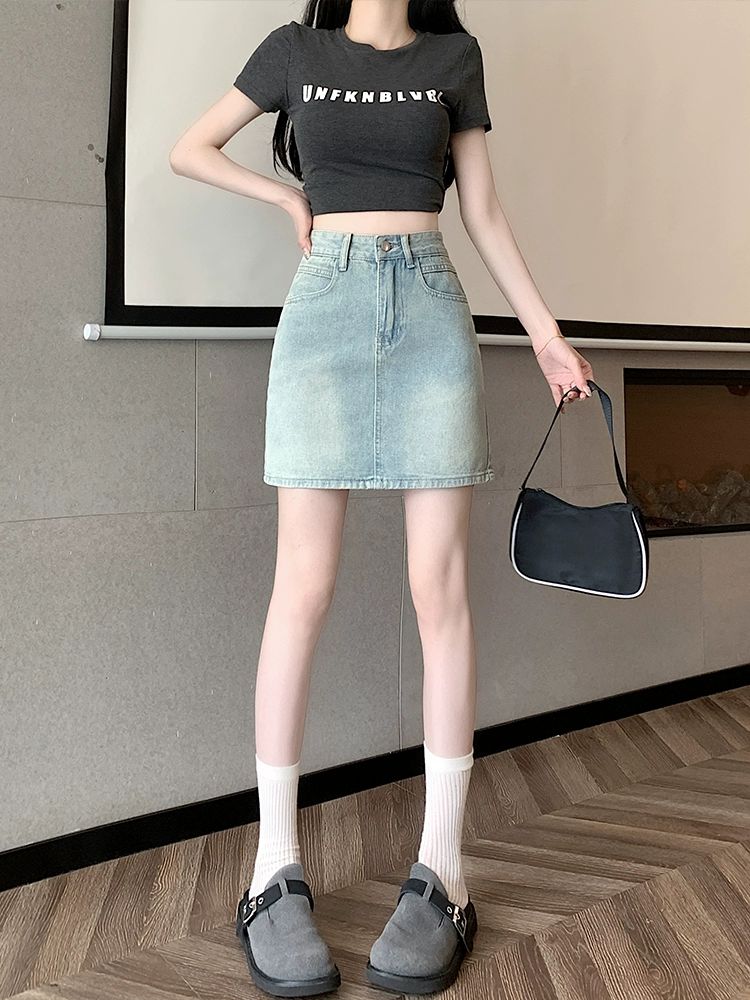 청치마 데님 바지 여름 A라인 스커트 하이웨이스트 봄가을 여성 옷 2.검정색 - 상세 이미지 4
