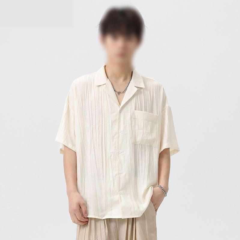 남자 여름 바캉스룩 린넨 셔츠 루즈핏 세트 휴양지 패션 화이트브라운 M - 상세 이미지 2