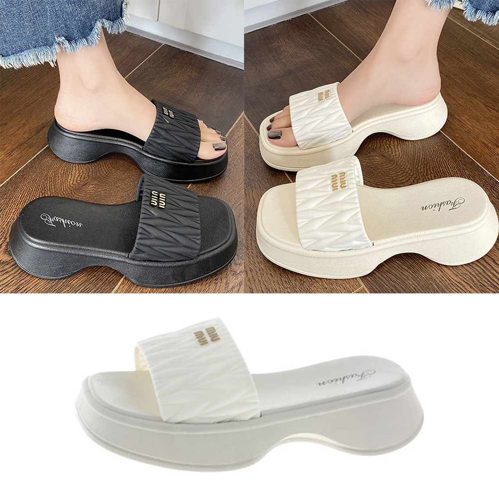 여성 주름 슬리퍼 여자 통굽 키높이 외출 패션 슈즈