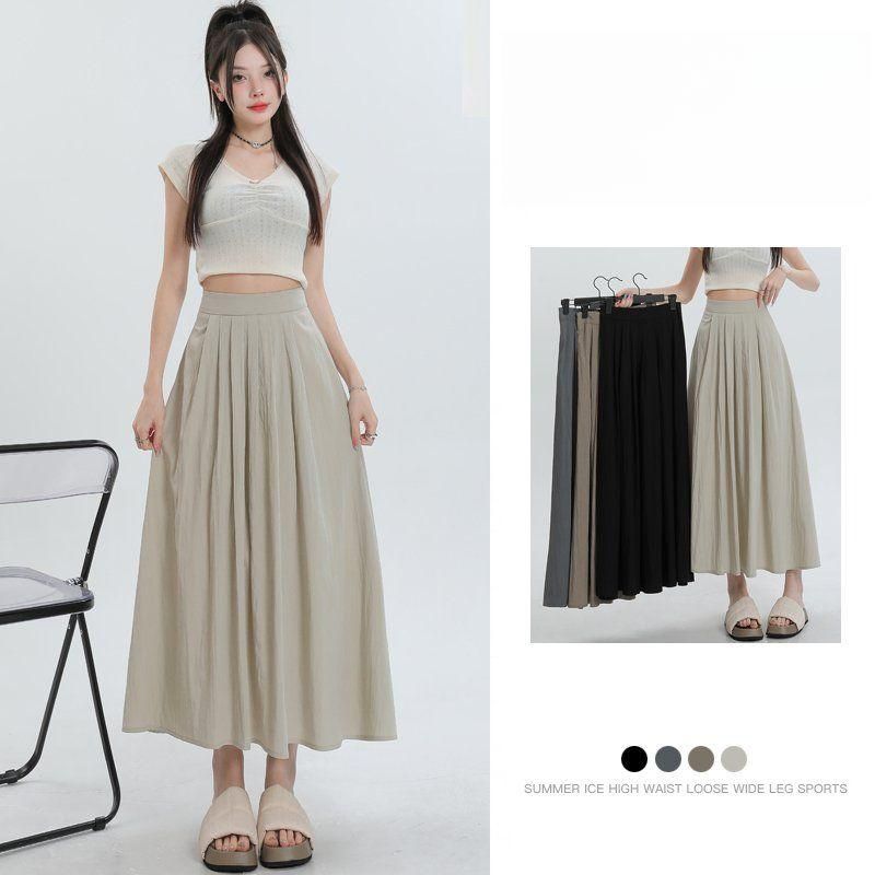 봄 여름 여성 쿨링 플리츠 롱스커트 A라인 루즈핏 하이웨이스트 핀턱 주름 밴딩 롱치마