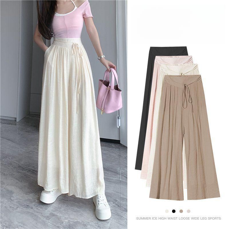 봄 여름 여성 린넨라이크 와이드 치마바지 루즈핏 밴딩 하이웨이스트 스트링 롱 큐롯팬츠