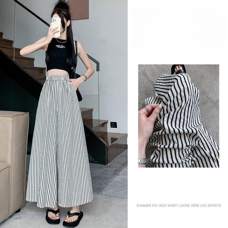 봄 여름 여성 스트라이프 쿨링 9부 치마바지 루즈핏 밴딩 하이웨이스트 큐롯팬츠 데일리룩