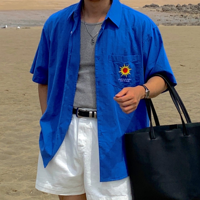 남자 수에 루즈 오버핏 여름 아이스 쿨 자수 면 린넨 셔츠 남방 - 상세 이미지 3