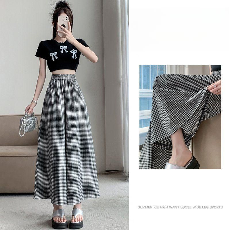 봄 여름 여성 체크패턴 쿨링 9부 치마바지 루즈핏 밴딩 하이웨이스트 큐롯팬츠 데일리룩