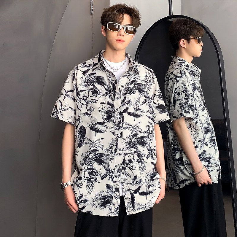 바캉스 하와이안셔츠 남자 여름 해변 바캉스룩 휴양지룩 블랙앤화이트 M
