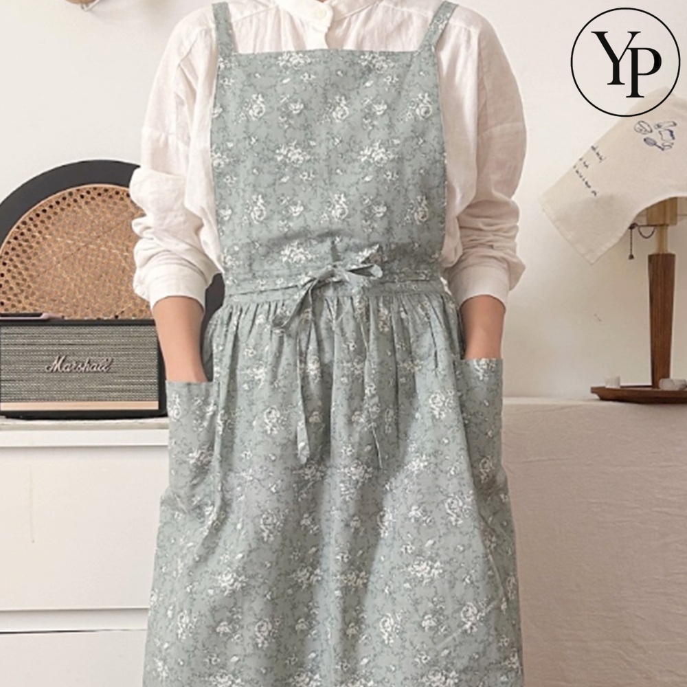자수 원피스 앞치마 빅사이즈 엉덩이 덮는 선생님 플라워 레이어드 공방 작업복