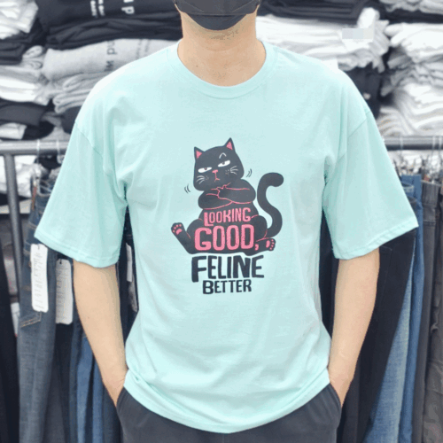 (국산면원단/국내자체생산) T1062 남성용 굿고양이 오버핏 반팔 티셔츠 30대40대남성의류 - 상품 이미지