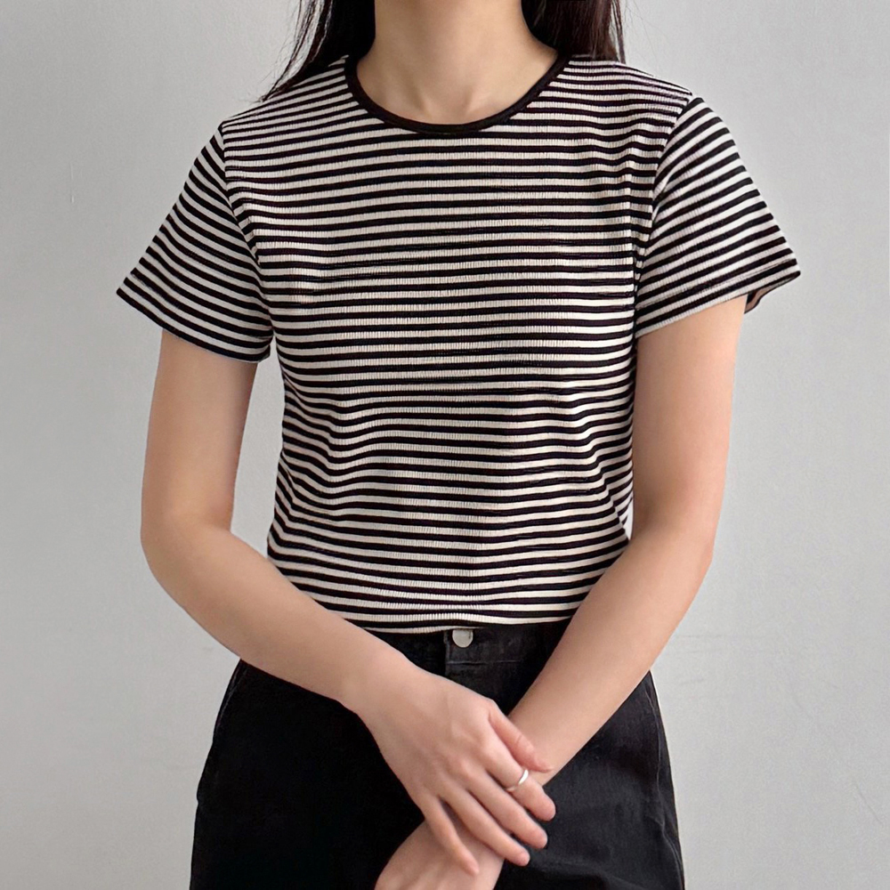 심플 단가라 여성 여름 티셔츠 기본 코튼 스판 라운드 스트라이프 티셔츠 썸머 여자 반팔티 - 상품 이미지
