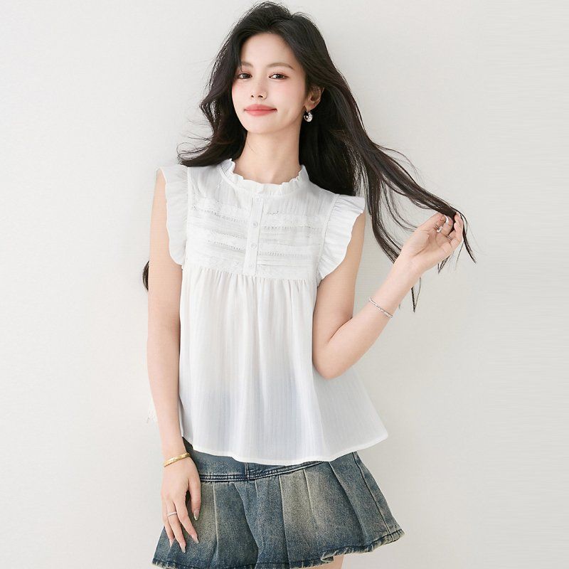 봄 여름 여성 프릴블라우스 민소매 라운드넥 루즈핏 핀턱 데일리룩 나시 시원한 면티 - 메인 이미지
