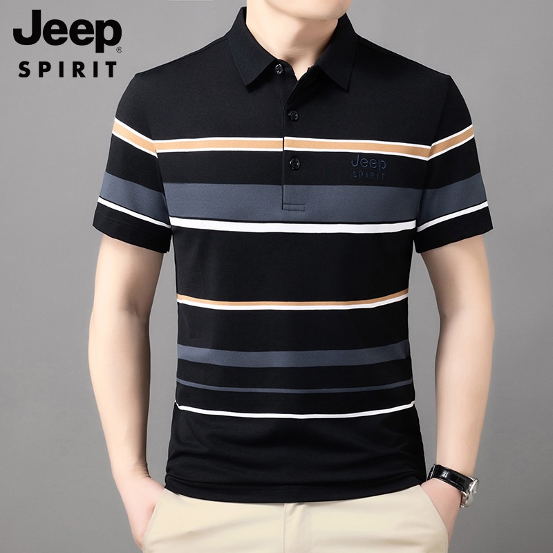 JEEP SPIRIT 남성 반팔 여름 셔츠 스트라이프 카라 티셔츠 - 상세 이미지 5