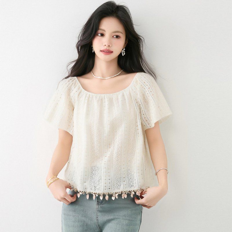 봄 여름 여성 오프숄더블라우스 퍼프소매 루즈핏 펀칭 크롭티셔츠 스퀘어넥 데일리 - 상품 이미지