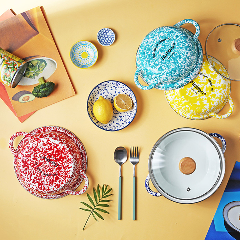 하코야 마블 법랑 전골 양수냄비 (뚜껑포함) 19cm, 레드 - 상세 이미지 3