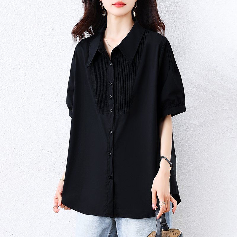 봄 여름 여성 빅사이즈 카라넥 반팔블라우스 핀턱주름 루즈핏 언발란스 데일리룩 - 상세 이미지 4