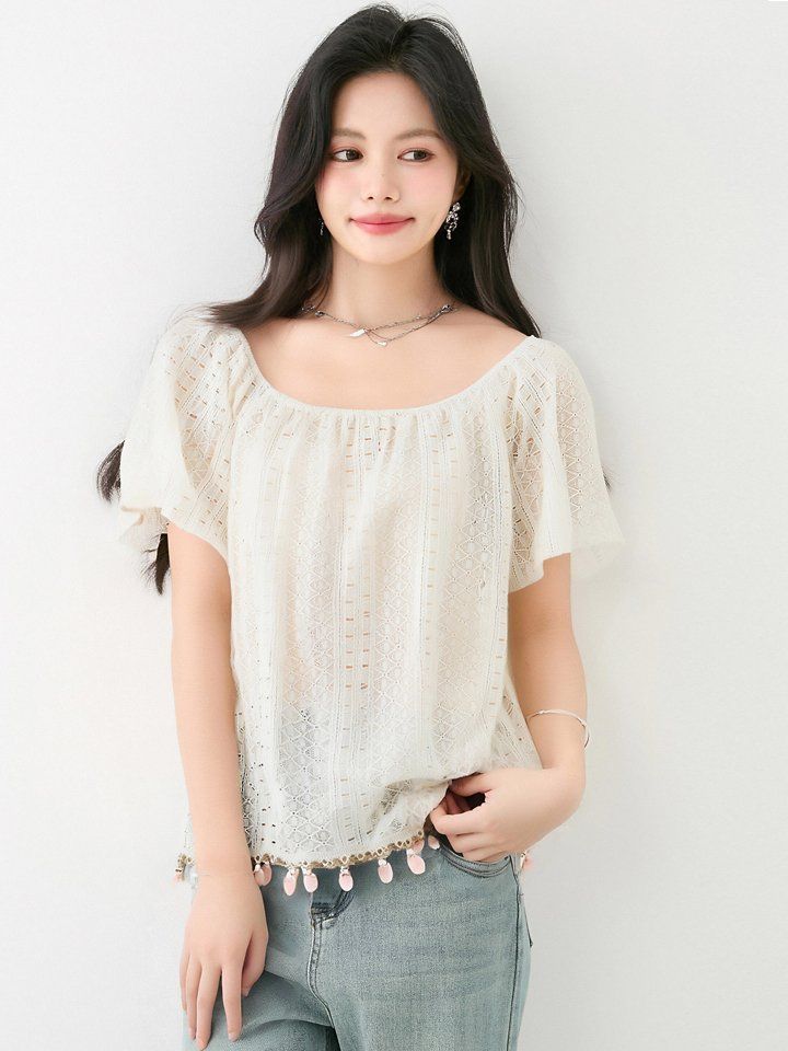 봄 여름 여성 오프숄더블라우스 퍼프소매 루즈핏 펀칭 크롭티셔츠 스퀘어넥 데일리 - 상세 이미지 4