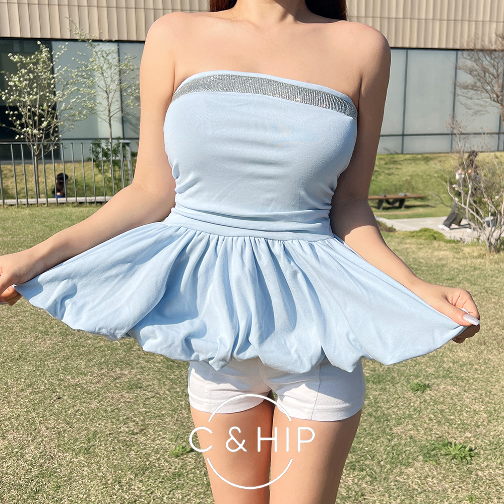 큐빅 보석 라인 배색 블링 오프숄더 a라인 셔링 탑 (하늘/화이트) - 상품 이미지