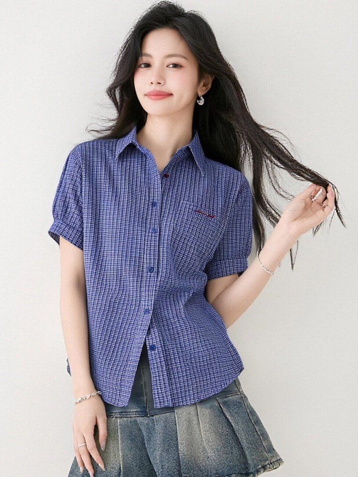 봄 여름 여성 체크셔츠 반팔 카라넥 루즈핏 데일리룩 캐주얼 남방 블라우스 포켓 - 상세 이미지 2