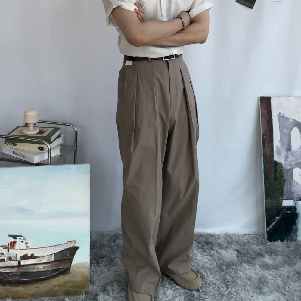 남자 투턱 바지 커브드 팬츠 세미 벌룬 팬츠 - 상세 이미지 3