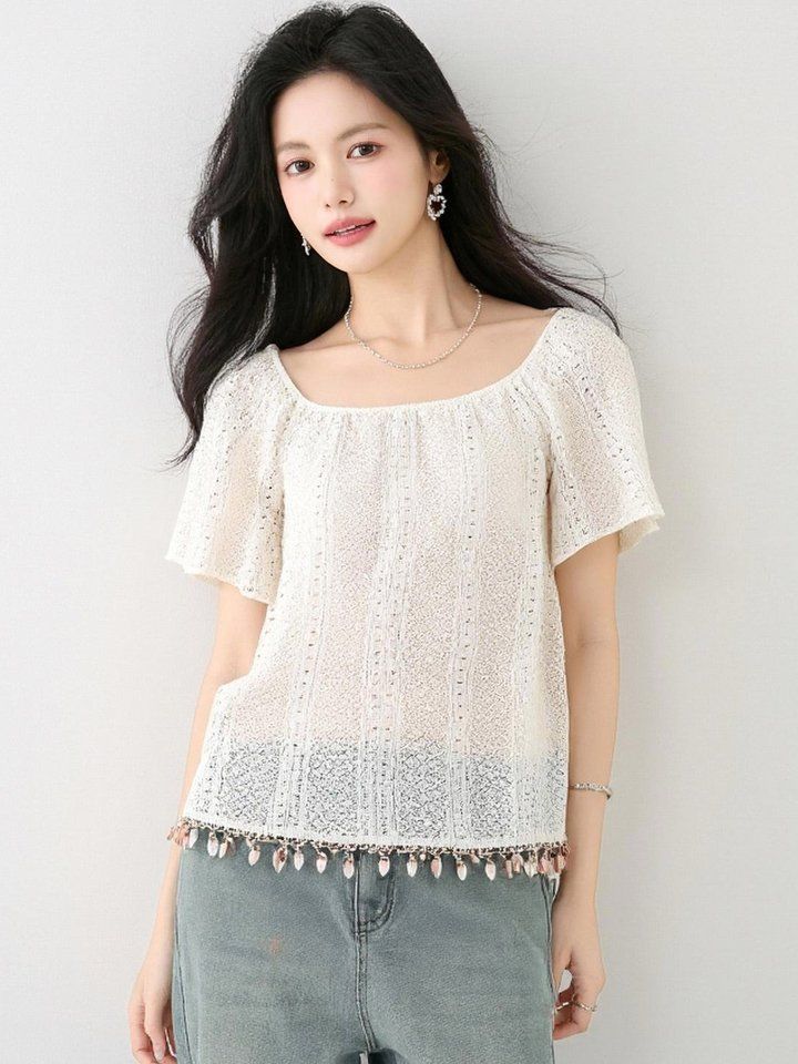봄 여름 여성 오프숄더블라우스 퍼프소매 루즈핏 펀칭 크롭티셔츠 스퀘어넥 데일리 - 상세 이미지 3