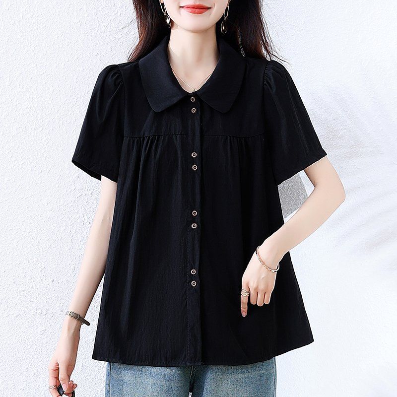 봄 여름 빅사이즈 퍼프소매 피터팬카라 블라우스 셔링 데일리룩 여성셔츠 면소재 - 상품 이미지