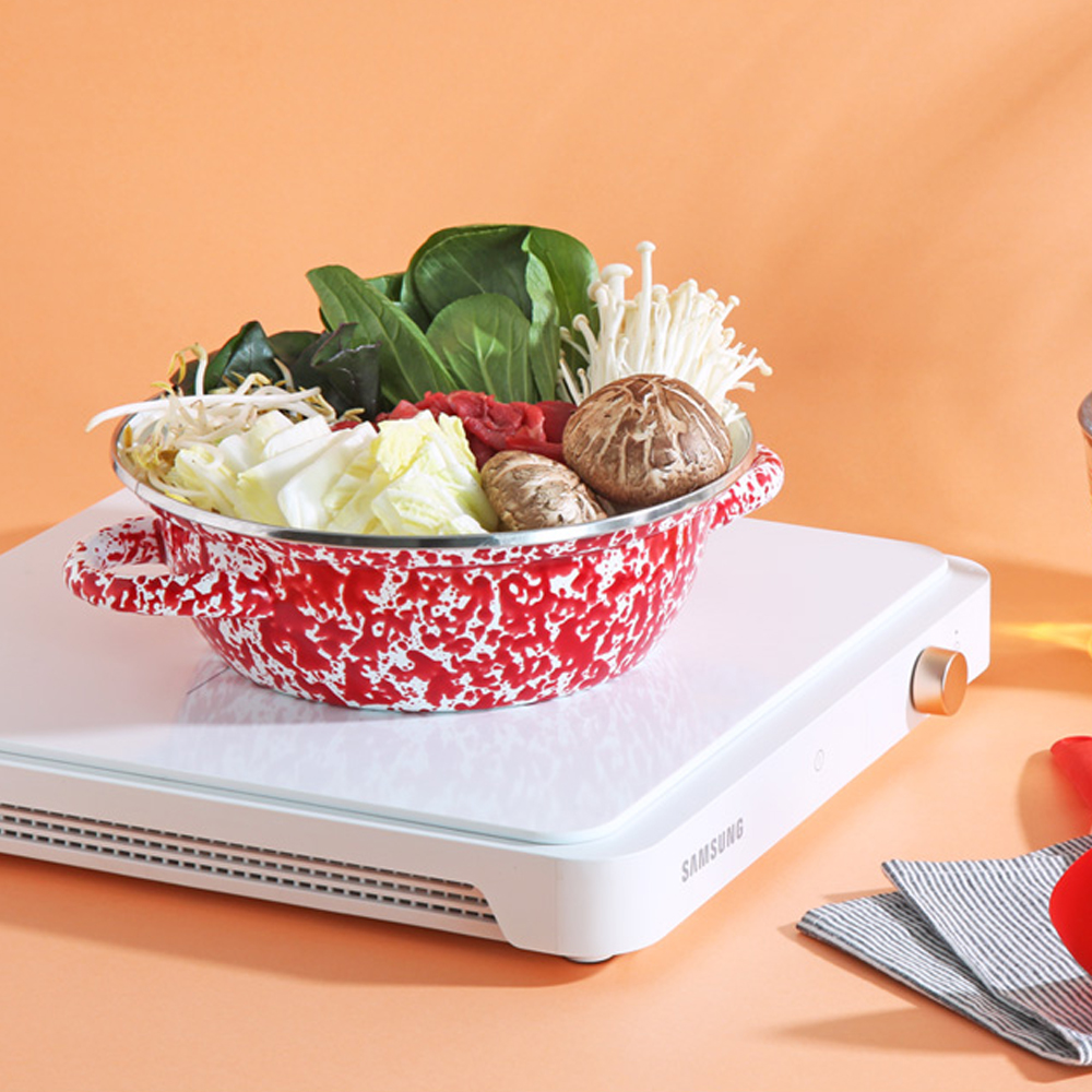 하코야 마블 법랑 전골 양수냄비 (뚜껑포함) 19cm, 레드 - 상품 이미지