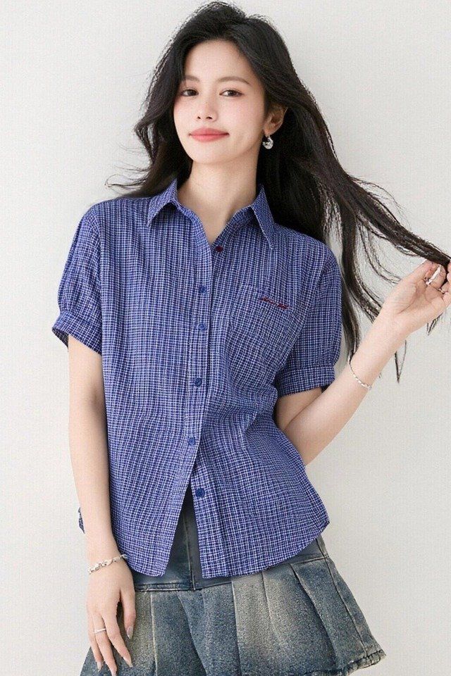 봄 여름 여성 체크셔츠 반팔 카라넥 루즈핏 데일리룩 캐주얼 남방 블라우스 포켓 - 상세 이미지 5