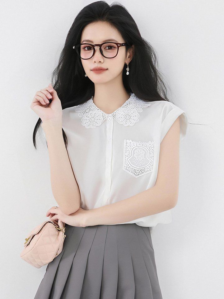 봄 여름 여성 민소매셔츠 레이스카라 루즈핏 블라우스 데일리룩 포켓 나시 시원한 - 상세 이미지 3