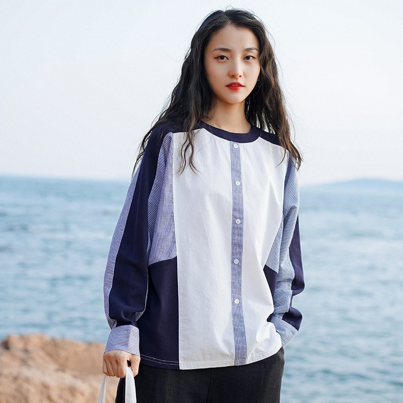 여성 라운드넥 스플라이싱 긴팔 티셔츠 오버핏 빅사이즈 여름 티셔츠 - 상품 이미지