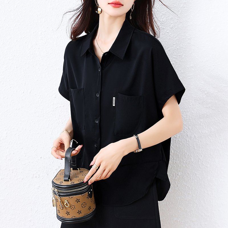 봄 여름 여성 빅사이즈 카라넥 반팔셔츠 루즈핏 투포켓 언발란스밑단 데일리룩 - 상세 이미지 3