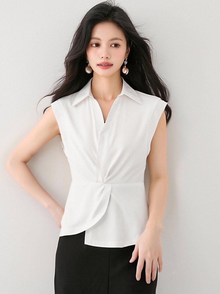 봄 여름 여성 카라넥 민소매셔츠 허리꼬임 슬림핏 블라우스 오피스룩 데일리 나시 - 상세 이미지 3