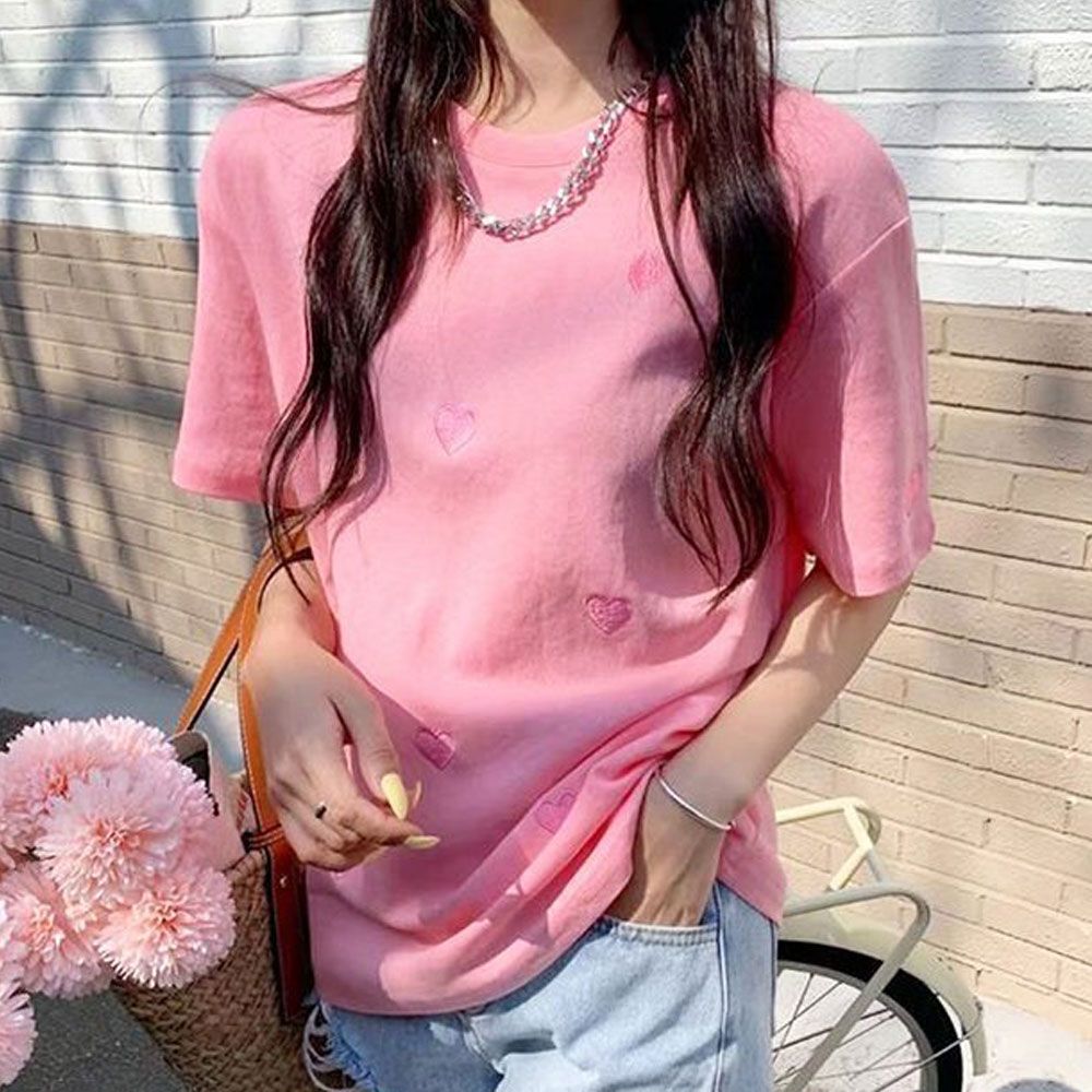 여자 라운드넥 반팔티 러블리 하트 데이트 여친룩 : 너만의쇼핑