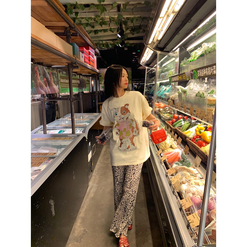 레오파드 주름 와이드팬츠 밴딩 힙한 루즈핏 고급 디자인 여름 휴양지 스타일 브라운베이지 - 상세 이미지 3